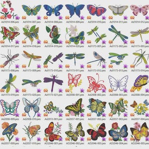 May include: A selection of butterfly and dragonfly designs in various colours and patterns, some with floral elements. Each design is labelled with a unique code, such as Ad1014-004.pes. Measurements are not applicable.