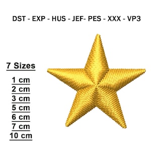 Peut inclure: Une broderie en forme d'étoile dorée avec sept options de taille, allant de 1 cm à 10 cm. L'étoile est une forme à cinq branches avec des coutures détaillées. L'image comprend également du texte indiquant les formats de fichiers.