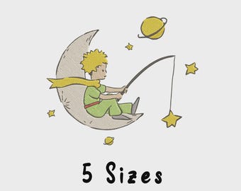 May include: An embroidered design featuring a cartoon figure from "The Little Prince" sitting on a crescent moon, fishing for a star. The design includes yellow stars, a planet, and the text "5 Sizes" in black.