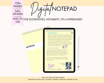 May include: Digital notepad with 120+ pages and 340+ stickers. The notepad is yellow and has a spiral binding. The notepad is open to a page with the heading "Astrology" and text about the Pisces sign. The notepad is compatible with Goodnotes, Notability, etc. and is hyperlinked.