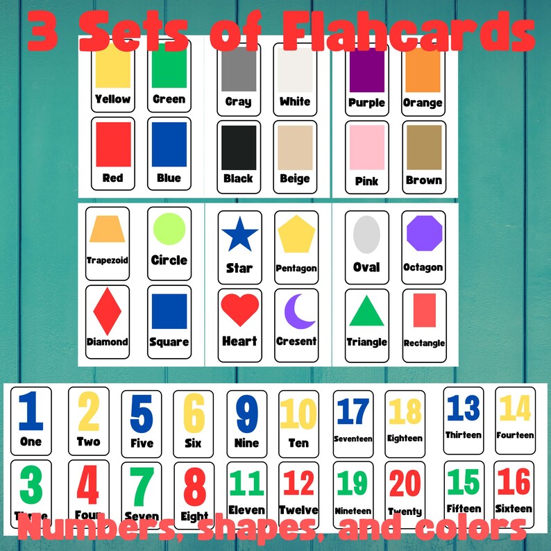 Printable Flashcard Bundle. 3 Flashcard Sets Numbers Shapes Etsy