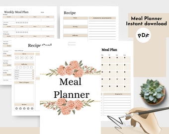 Digital Meal Planner, Daily meal planner, Weekly Meal Planner,  PDF Planner, Grocery shopping list, PDF digital planner