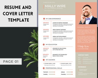 May include: A resume template with a peach background and a green plant in the background. The resume is for a UI/UX and Graphic Designer named Mally Wire. The resume includes sections for job experience, education, awards, and professional skills.