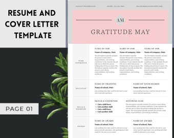 May include: A pink and gray resume and cover letter template with the text "Gratitude May" in a gray box. The template includes sections for work experience, education, skills and expertise, and awards.