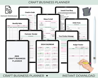 May include: A digital planner for craft businesses with pages for creative goals, monthly sales, customer receipts, where to sell, a 2024 calendar, launch your shop, order forms, your product message, and a budget tracker. The planner is designed in a light green and pink color scheme with a hand holding a pencil on the budget tracker page.