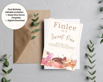 Editable Girl First Birthday Invitation, Sweet One Party Invitation, Digital Download, Canva Template, Birthday Invitation Template