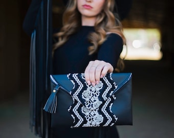 Envelope Lace Clutch Bag, Vegan Leather Clutch Handbag, Wedding Purse