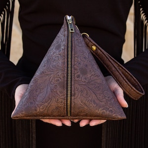 Chocolate Brown Pyramid Bohemian Western Floral Triangle Vegan Leather Clutch Bag