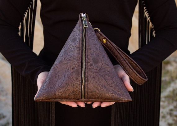 Chocolate Brown Pyramid Bohemian Western Floral Triangle Vegan Leather Clutch Bag