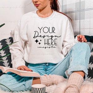 Gildan 18000 Mockup White, Book lover Model Mockup, Pullover Crewneck Mocks, Lifestyle  Mockup, Styled Reading Mock Up , G180 Crewneck White