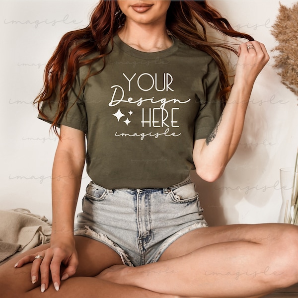 Bella Canvas 3001 Mockup Military Green, Bella Canvas 3001 Mock, Lifestyle Mockup, Aesthetic Mocks, T-shirt  Mockup, Boho Model Mockup,