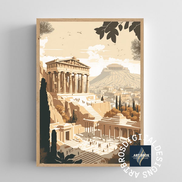 Greek Urbanscape: A Minimalistic Interpretation of the ancient city of Athens, Vector Art Painting, Antiquity, Digital Wall Art, Wall Decor