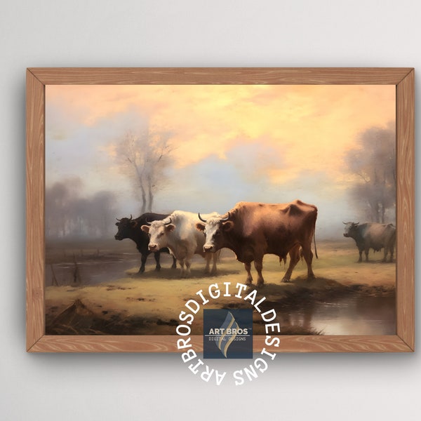 Bucolic Harmony: Vintage Oil Painting Capturing Cows in a Peaceful Farm Setting| Rustic Charm| Decor Inspiration| Home Decor| Art Print|
