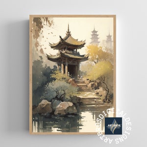 Serenity of the Ancient Temple, Ancient Chinese Temple, Watercolour Painting, Chinese Antiquity Art Print, Wall Art, Digital Download