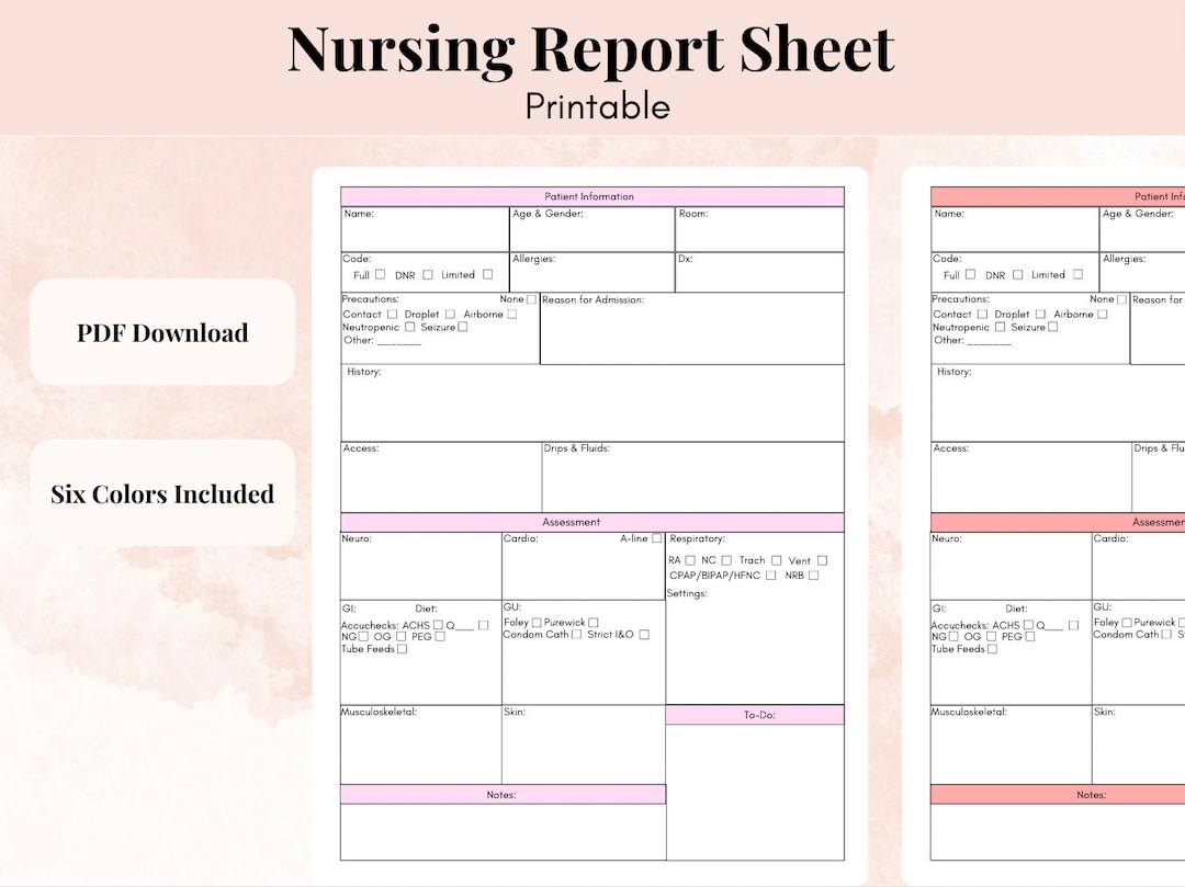Nursing Report Sheet Printable Study Sheet Nurse Student Etsy Canada