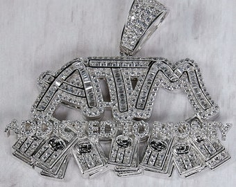Addicted to Money | ATM | Iced Out Hip Hop Pendant | 925 Sterling Silver | White Gold | Jewelry Pendant Gift Idea