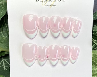 Pink French | Almond Nails | Press on Nails | Pointed | Acrylic Nails | Nail Ideas | Nail Art | Reusable Nails | French Tip