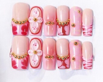 Unghie finte French Nail Art con effetto tartaruga / Fiore 3D / Unghie acriliche effetto ombré / Idee per unghie / Unghie riutilizzabili / Regalo di compleanno per le vacanze