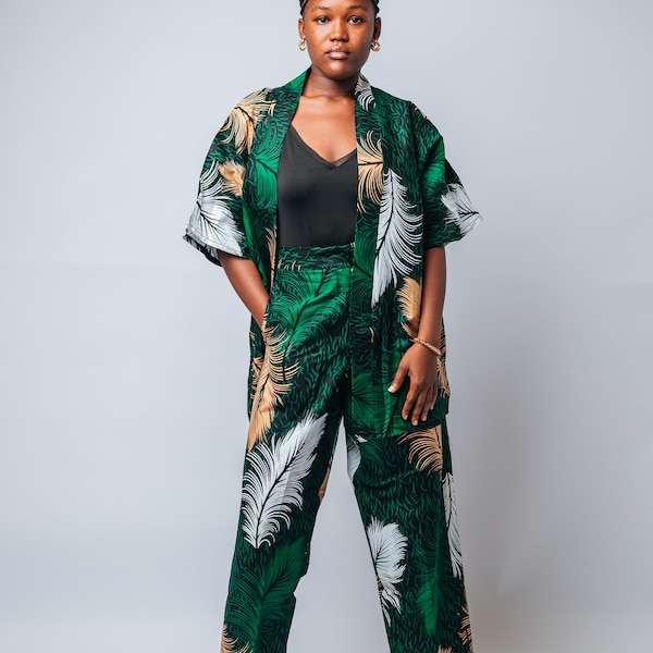 Ankara Vogue Kimono with straight pants (with zipper in front, waistband and pockets)