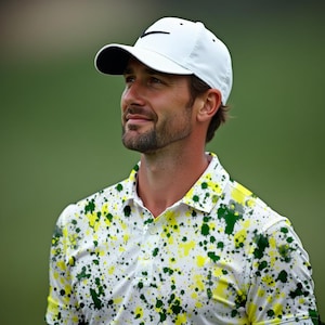 May include: White baseball cap with a black Nike logo. The person is wearing a white polo shirt with a pattern of green and yellow paint splatters. The background is a blurred green.