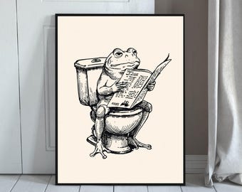 Quirky Frog Reading Newspaper In Bathroom Wall Art, Frog on Toilet Print, Quirky Bathroom Decor, Retro Animal Poster, Digital Download