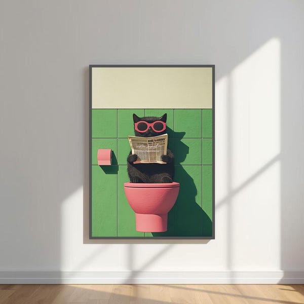 Funny Cat Reading Newspaper In Toilet Print, Quirky Bathroom Poster, Maximalist Decor, Digital Download