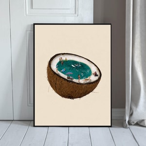 May include: A framed wall art print featuring a surreal illustration of a halved coconut shell acting as a swimming pool. Inside the coconut, tiny figures are swimming, lounging on chairs, and using pool floats in the turquoise water.