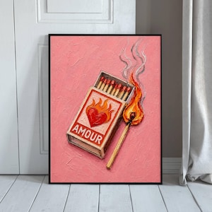 Quadro decorativo romântico em caixa de fósforos, pôster vintage de amor, arte retrô com fósforos acesos, galeria de parede parisiense rosa, download digital.