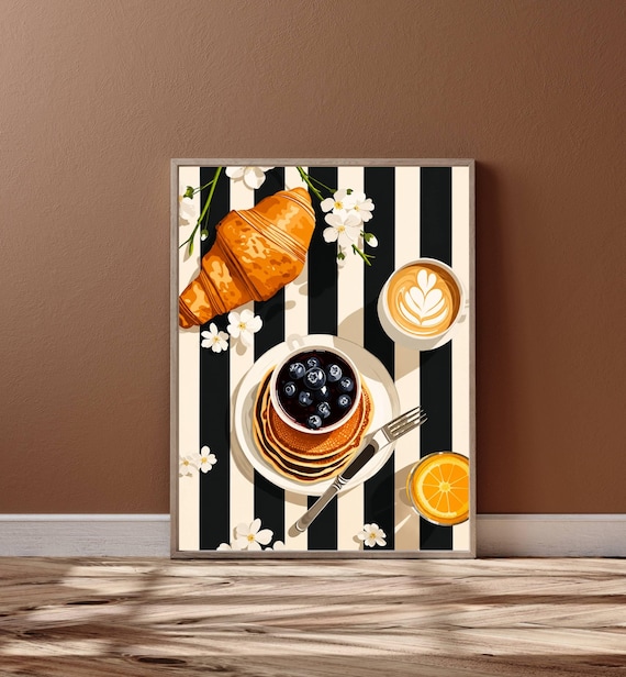 Parisian Breakfast Wall Art Print, Pancake Coffee Croissant Breakfast Poster, Retro Modern Brunch, Cafe Dining Decor, Digital Download