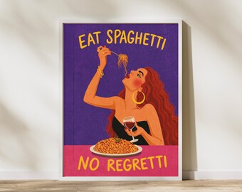 Stampa "Eat Spaghetti No Regretti" da parete, poster minimalista per la cucina, stampa con citazione sul cibo italiano, illustrazione di una ragazza alla moda, download digitale