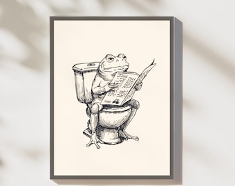 Retro Frog Reading Newspaper On Toilet, Funny bathroom Poster, Dark Art Decor, Digital Download