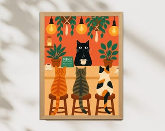 Cats Cafe Art Print, Cozy Kitchen Decor, Black Cat Bartender, Coffee Loving Cats, Warm Terracotta Wall Art, Digital Download