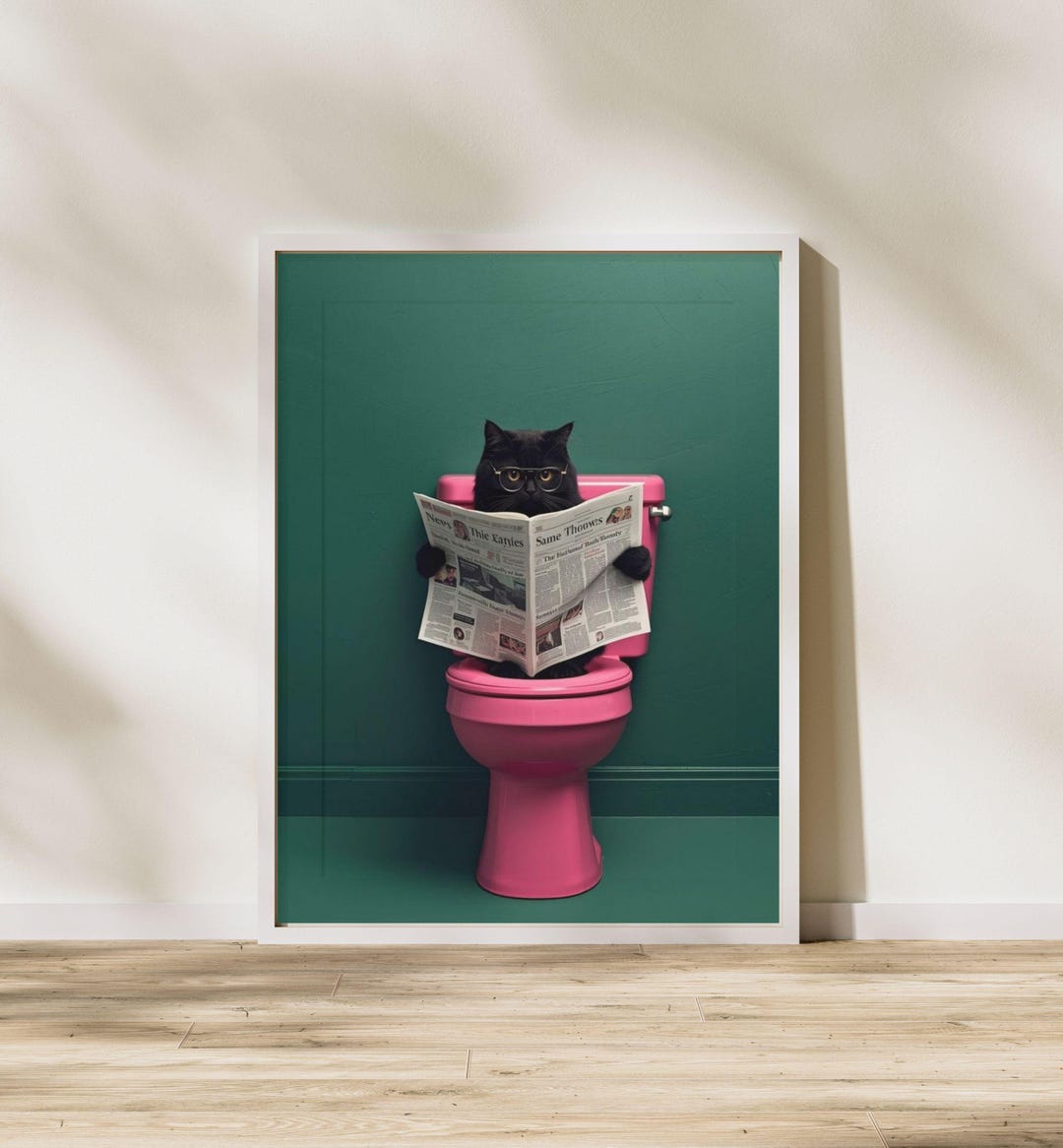Funny Black Cat Reading Newspaper in Toilet Poster, Quirky Bathroom ...