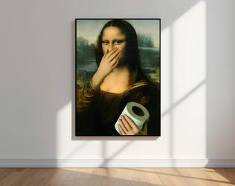 Mona Lisa with Toilet Paper Print, Funny Bathroom Wall Decor, Maximalist Eclectic, Digital Download