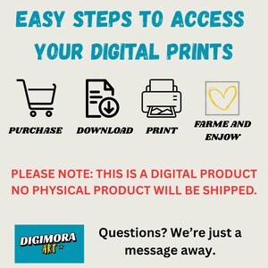 Pu&ograve; includere: Un grafico informativo intitolato EASY STEPS TO ACCESS YOUR DIGITAL PRINTS con icone per acquisto, download, stampa e incorniciatura. Include il testo PLEASE NOTE: THIS IS A DIGITAL PRODUCT NO PHYSICAL PRODUCT WILL BE SHIPPED e DIGIMORA ART.