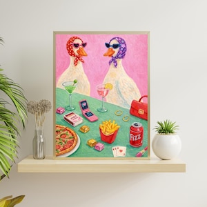 Knäppa anka konsttryck, ankor dricker vin affisch, retro maximalistisk roligt kök, digital nedladdning
