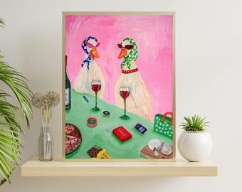 Quirky Duck Wall Art Print, Ducks Drinking Wine Poster, Retro Maximalist Funny Kitchen, Digital Download