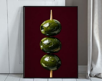 Stampa artistica da parete con olive verdi, decorazione per cucina mediterranea, fotografia di cibo gourmet, poster contemporaneo per sala da pranzo, download digitale