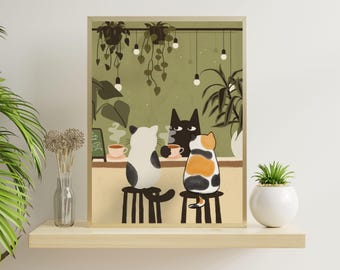 Cozy Cats Coffee Bar Print, Whimsical Kitchen Decor, Cat and Plant Poster, Coffee Lover Gift, Digital Download