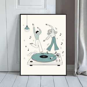 Puede incluir: Una lámina artística enmarcada con una ilustración de líneas de dos figuras bailando sobre un tocadiscos de vinilo color verde azulado. La escena incluye una lámpara colgante, notas musicales y estrellas sobre un fondo crema.