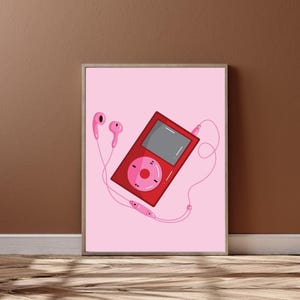 Póster de iPod rosa, impresión retro nostálgica de reproductor MP3, arte mural caprichoso de los años 2000, decoración musical rosa, regalo vintage Y2K, descarga digital