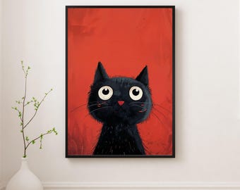 Funny Black Cat Poster Print, Red Background Animal , Quirky Cat Lover Gift, Minimalist Digital Download