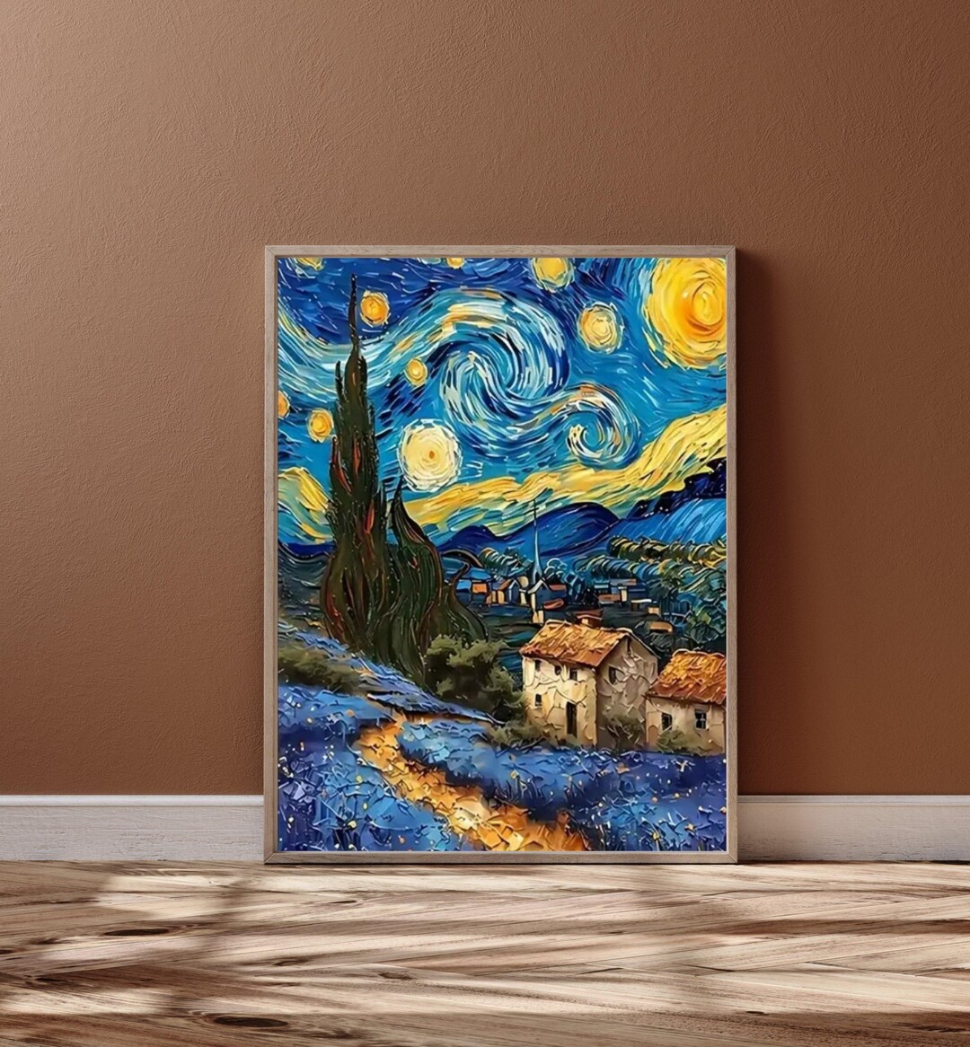 Starry Night Village Print, Van Gogh Inspired Landscape, Blue Sky ...