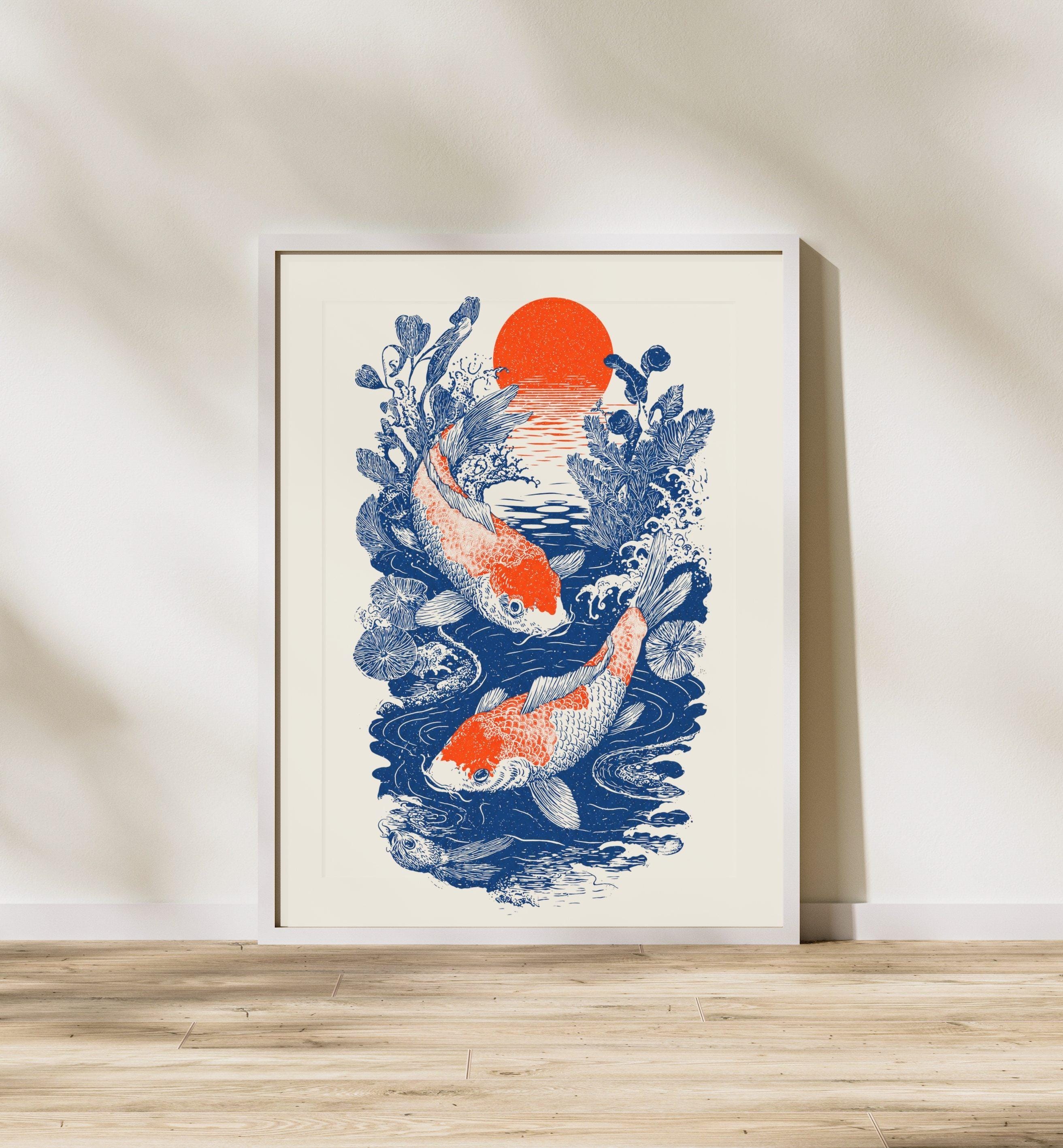 Japanese Koi Fish Wall Art Printable, Japandi Decor Poster, Vintage ...