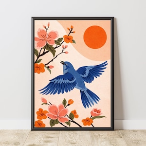 Japanese Bird Wall Art Print, Sakura Floral Poster, Mid Century Modern Art, Retro Vintage Asian, Minimalist Nature  Decor, Digital Download