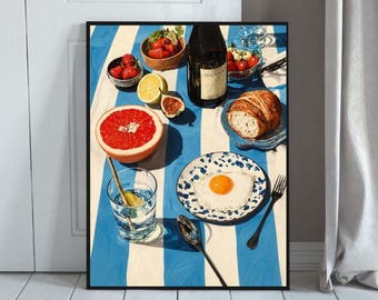 Decorazione murale per cucina mediterranea, poster da bistrot francese, arte culinaria costiera, decorazione cucina a righe blu, stampa murale per la colazione, download digitale