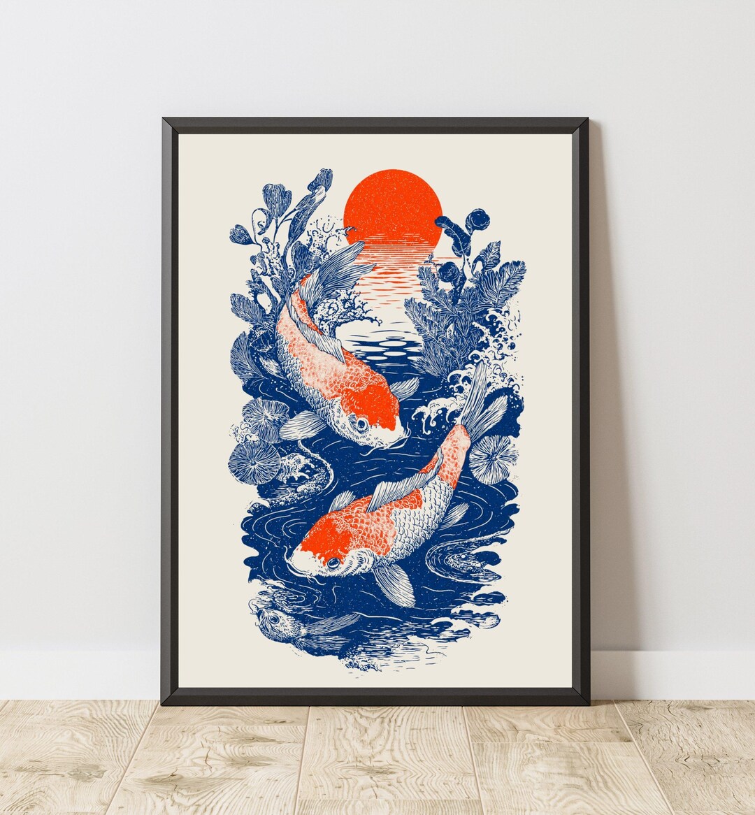 Japanese Koi Fish Wall Art Printable, Japandi Decor Poster, Vintage ...