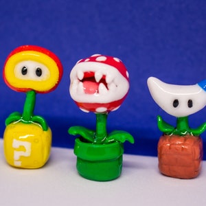 Super Mario flowers handmade polymer clay set: Mario Piranha plant, Mario Fireflower, handmade charm mario gifts gamer desk decor supermario