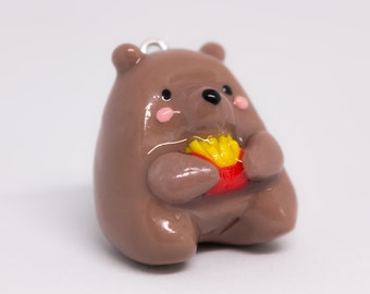 Cute bear polymer clay charm holding french fries kawaii clay keychain animal charm