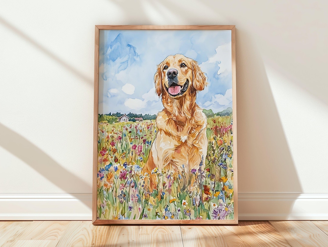 Golden Retriever Art Print Digital, Floral Golden Retriever Dog Wall ...